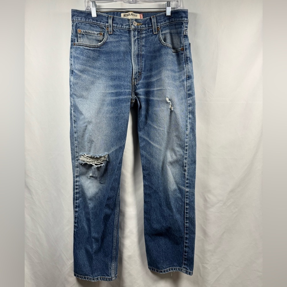Levi's 505 Blue Regular Fit Blue Jeans with Distressed Details 35X32